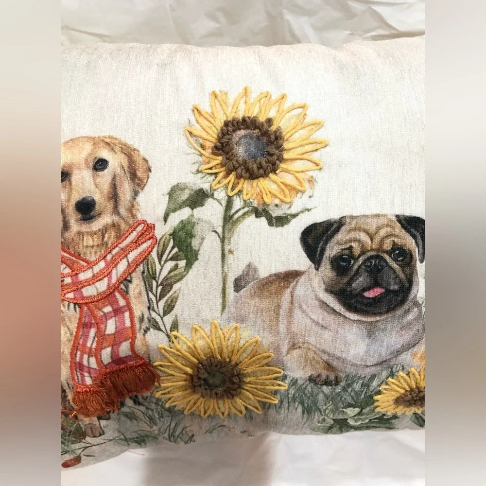 Super cute trio of puppies‎ dogs fringed decor pillow new